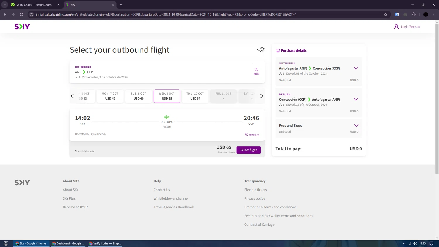 SKY Airline checkout page showing SKY Airline promo code box | Screenshot taken by SimplyCodes community member on Sep 26, 2024