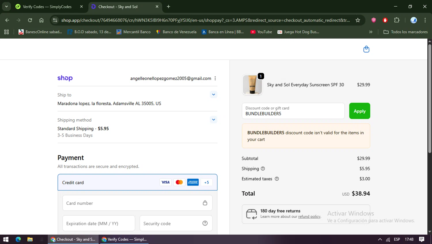 Sky and Sol discount code screenshot showing code BUNDLEBUILDER5 applied at Sky and Sol checkout page. Uploaded by SimplyCodes community member TreasureShopper9156 on Sep 23, 2025