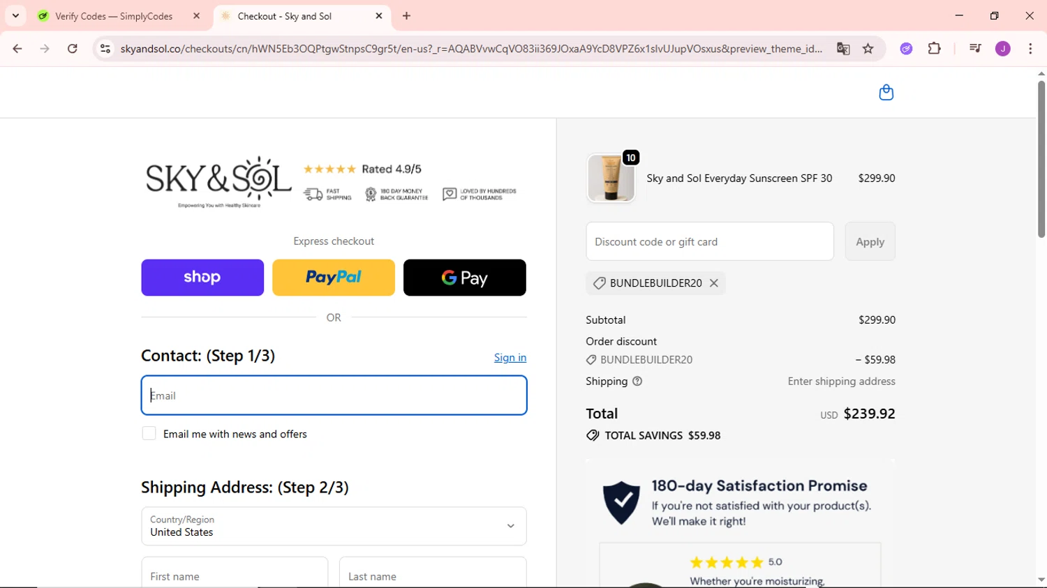 Sky and Sol discount code screenshot showing code BUNDLEBUILDER20 applied at Sky and Sol checkout page. Uploaded by SimplyCodes community member NobleSaver3560 on Nov 13, 2025