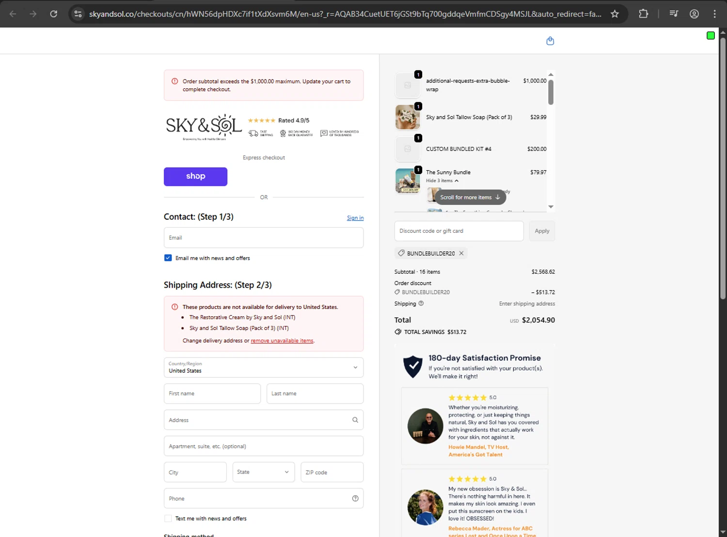 Sky and Sol discount code screenshot showing code BUNDLEBUILDER20 applied at Sky and Sol checkout page. Uploaded by SimplyCodes community member RINITOSHI on Nov 9, 2025