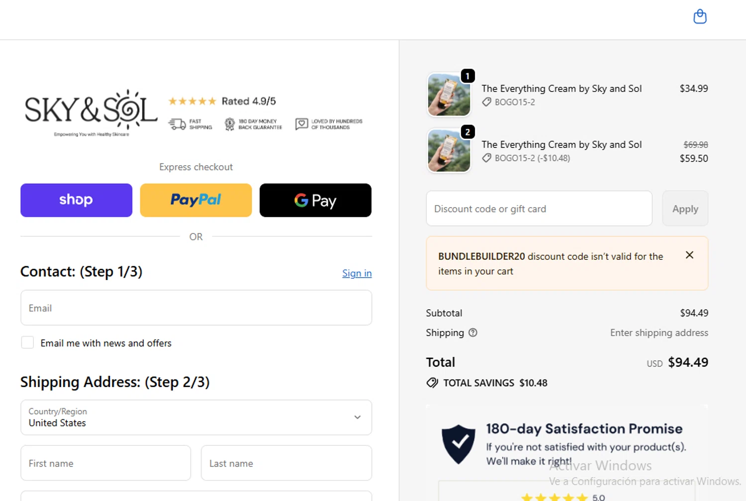 Sky and Sol discount code screenshot showing code BUNDLEBUILDER20 applied at Sky and Sol checkout page. Uploaded by SimplyCodes community member ligthYA on Feb 9, 2026