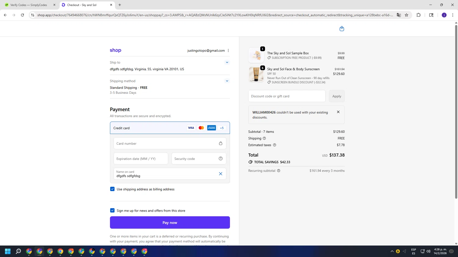 Sky and Sol discount code screenshot showing code WILLIAM00426 applied at Sky and Sol checkout page. Uploaded by SimplyCodes community member simplycodesssss on Feb 14, 2026