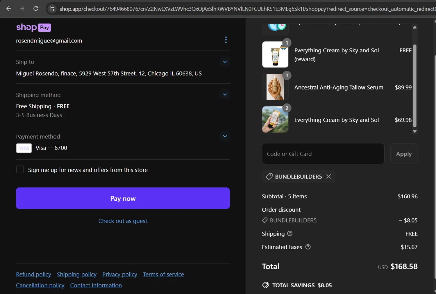 Sky and Sol discount code screenshot showing code BUNDLEBUILDER5 applied at Sky and Sol checkout page. Uploaded by SimplyCodes community member ScanHunter7116 on Jun 14, 2025