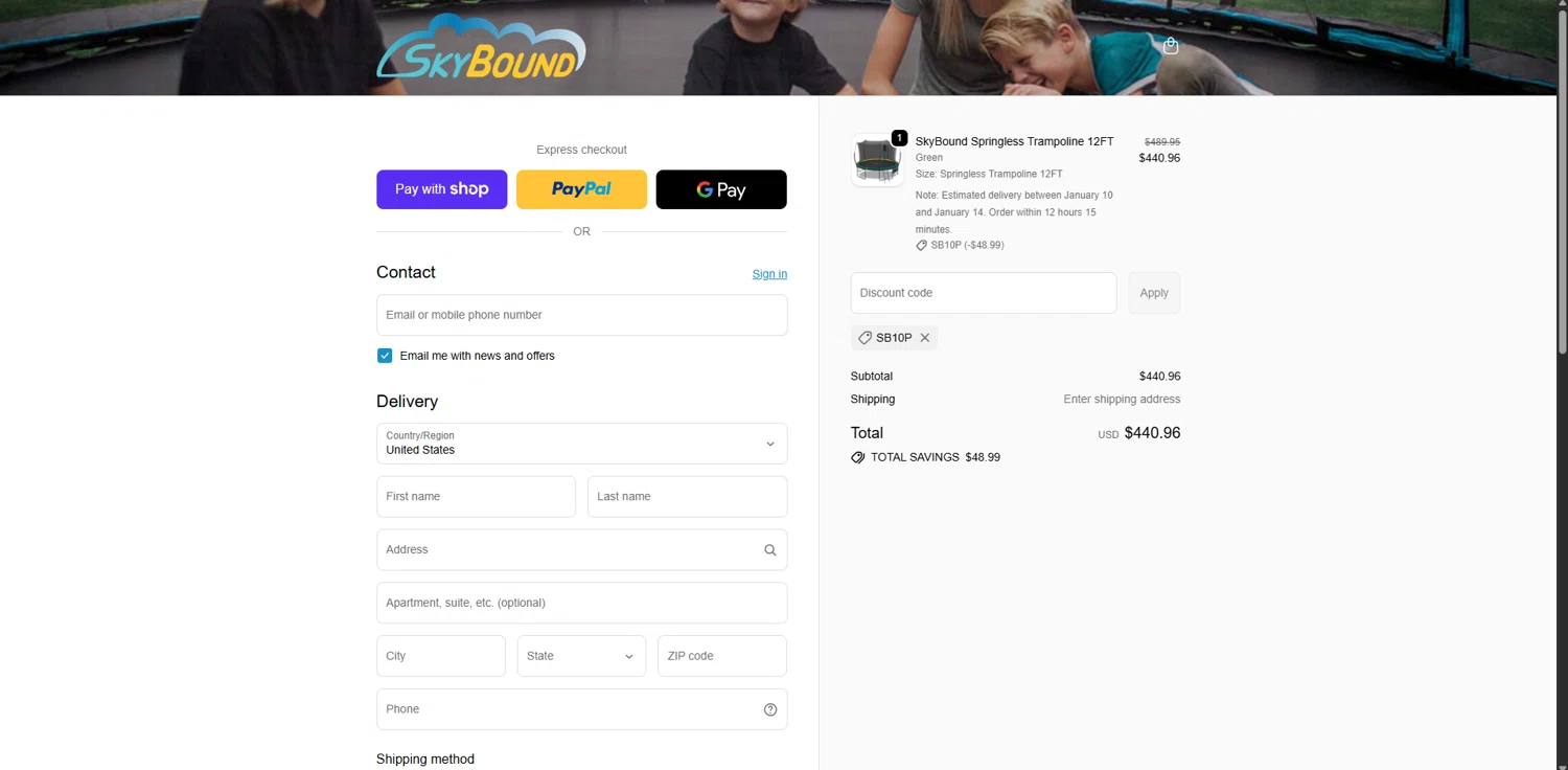SkyBound USA checkout page showing SkyBound USA discount code box | Screenshot taken by SimplyCodes community member on Jan 7, 2026