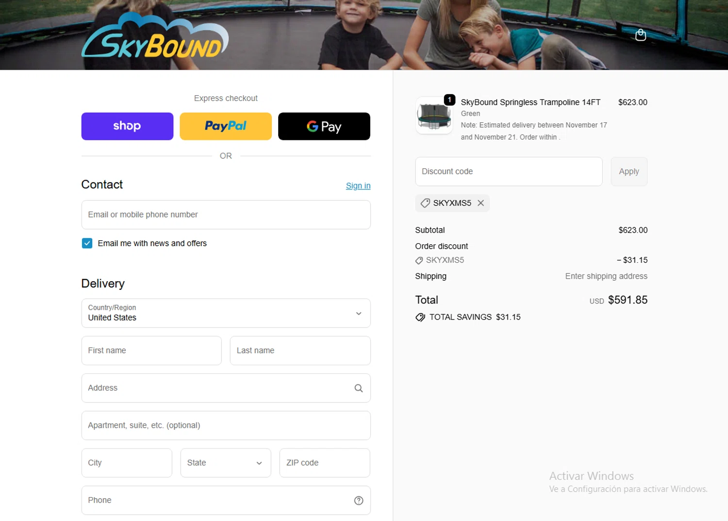SkyBound USA discount code screenshot showing code SKYXMS5 applied at SkyBound USA checkout page. Uploaded by SimplyCodes community member MagnificentBoss8201 on Nov 14, 2025