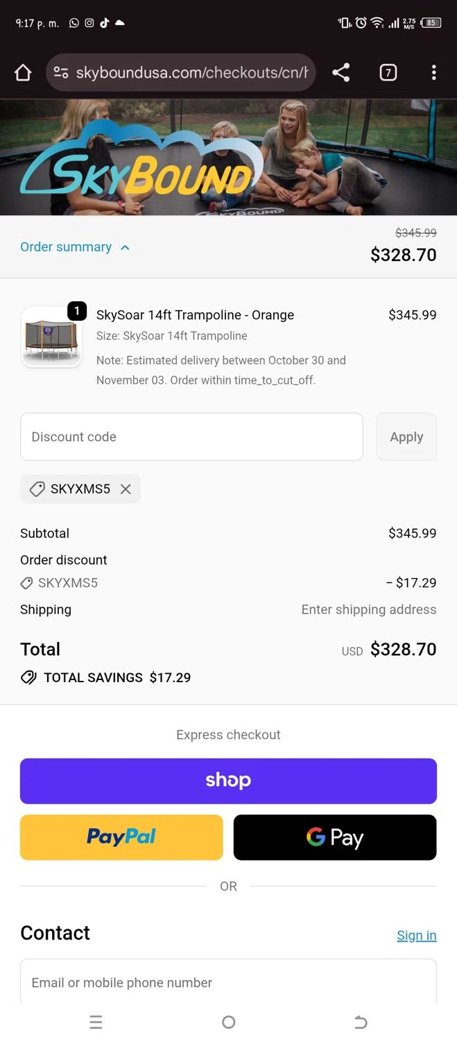 SkyBound USA discount code screenshot showing code SKYXMS5 applied at SkyBound USA checkout page. Uploaded by SimplyCodes community member Sheele_Icon on Oct 27, 2025
