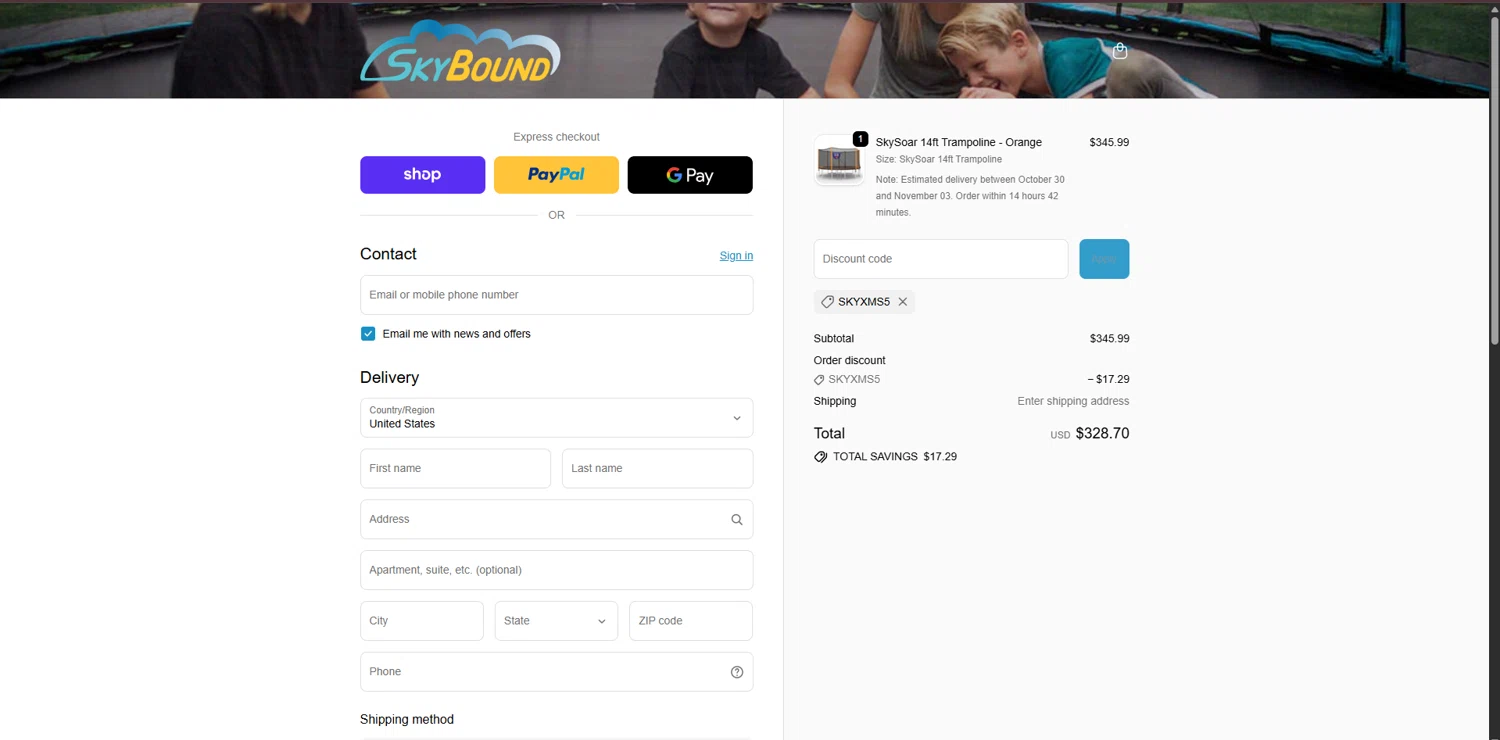 SkyBound USA discount code screenshot showing code SKYXMS5 applied at SkyBound USA checkout page. Uploaded by SimplyCodes community member WonderVirtuoso3484 on Oct 27, 2025