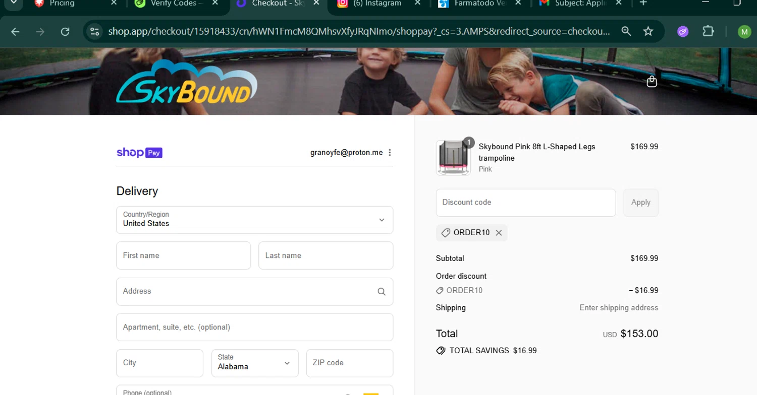 SkyBound USA discount code screenshot showing code ORDER10 applied at SkyBound USA checkout page. Uploaded by SimplyCodes community member MARCVH on Jul 31, 2025