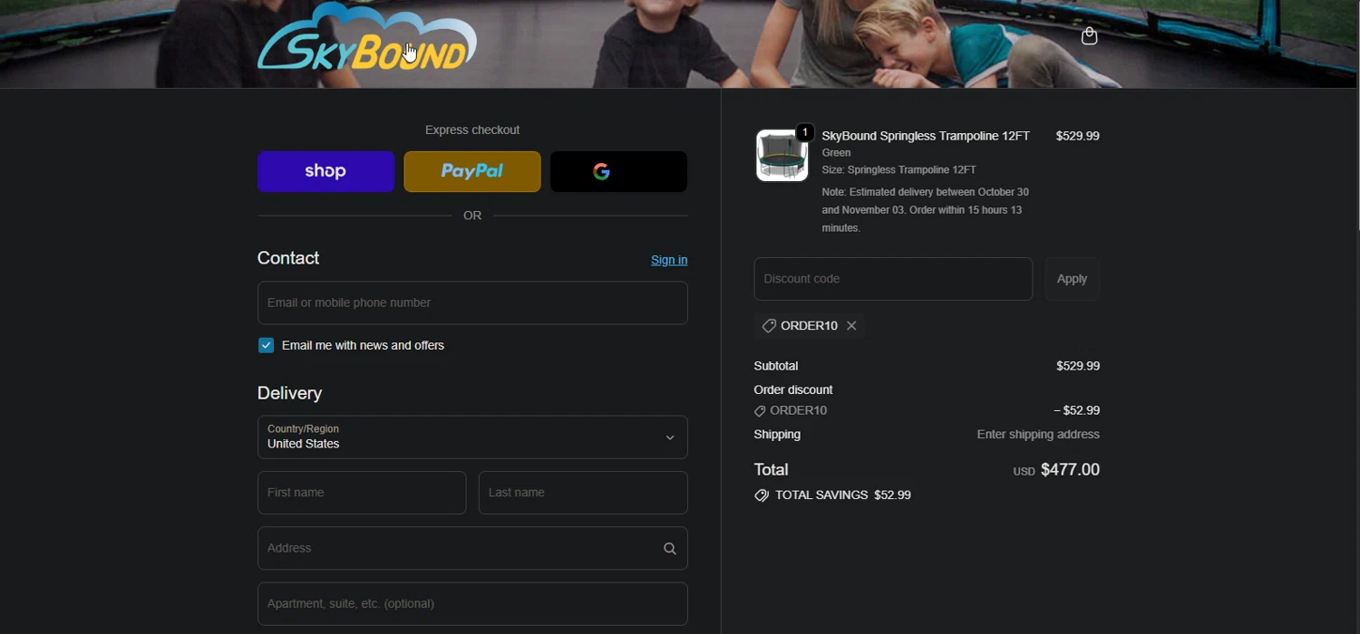 SkyBound USA discount code screenshot showing code ORDER10 applied at SkyBound USA checkout page. Uploaded by SimplyCodes community member TreasureMaestro5413 on Oct 27, 2025
