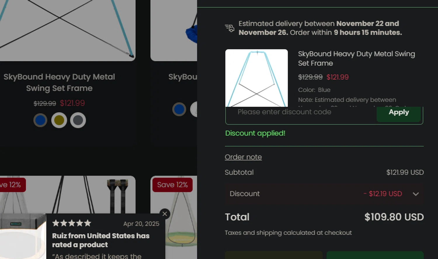 SkyBound USA discount code screenshot showing code ORDER10 applied at SkyBound USA checkout page. Uploaded by SimplyCodes community member jaimitoalcachofa on Nov 19, 2025