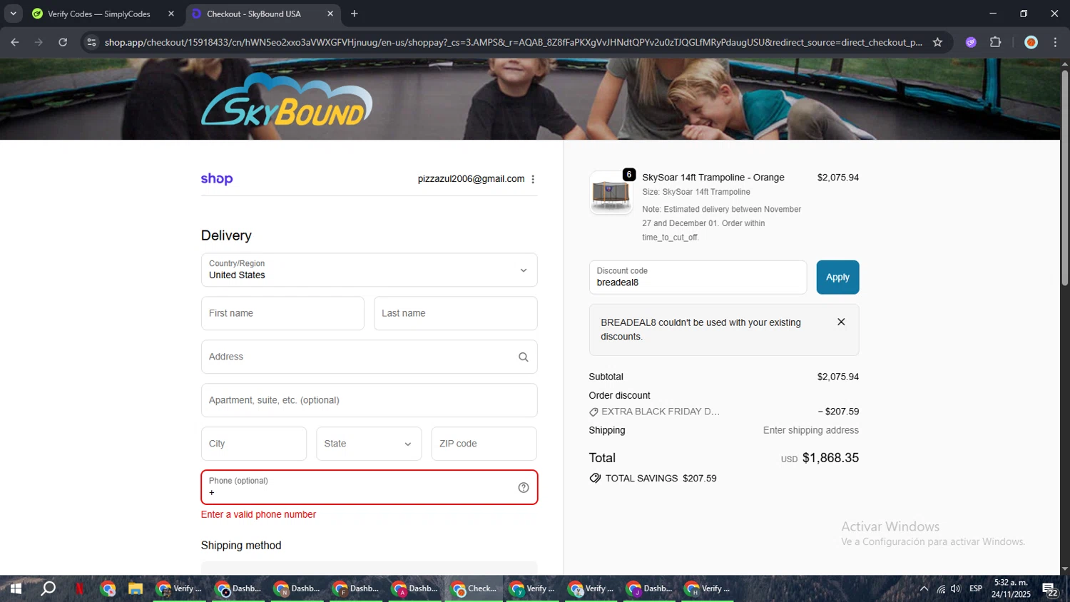 SkyBound USA discount code screenshot showing code breadeal8 applied at SkyBound USA checkout page. Uploaded by SimplyCodes community member BonusCaptain9927 on Nov 24, 2025