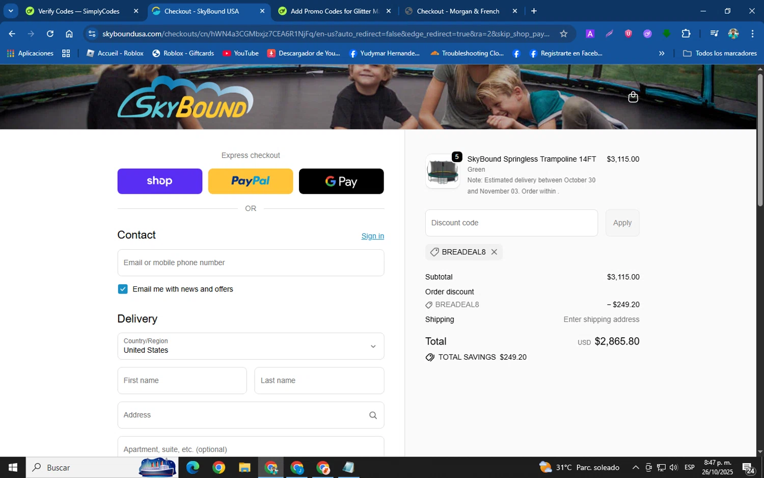 SkyBound USA discount code screenshot showing code breadeal8 applied at SkyBound USA checkout page. Uploaded by SimplyCodes community member XemoGOD on Oct 27, 2025