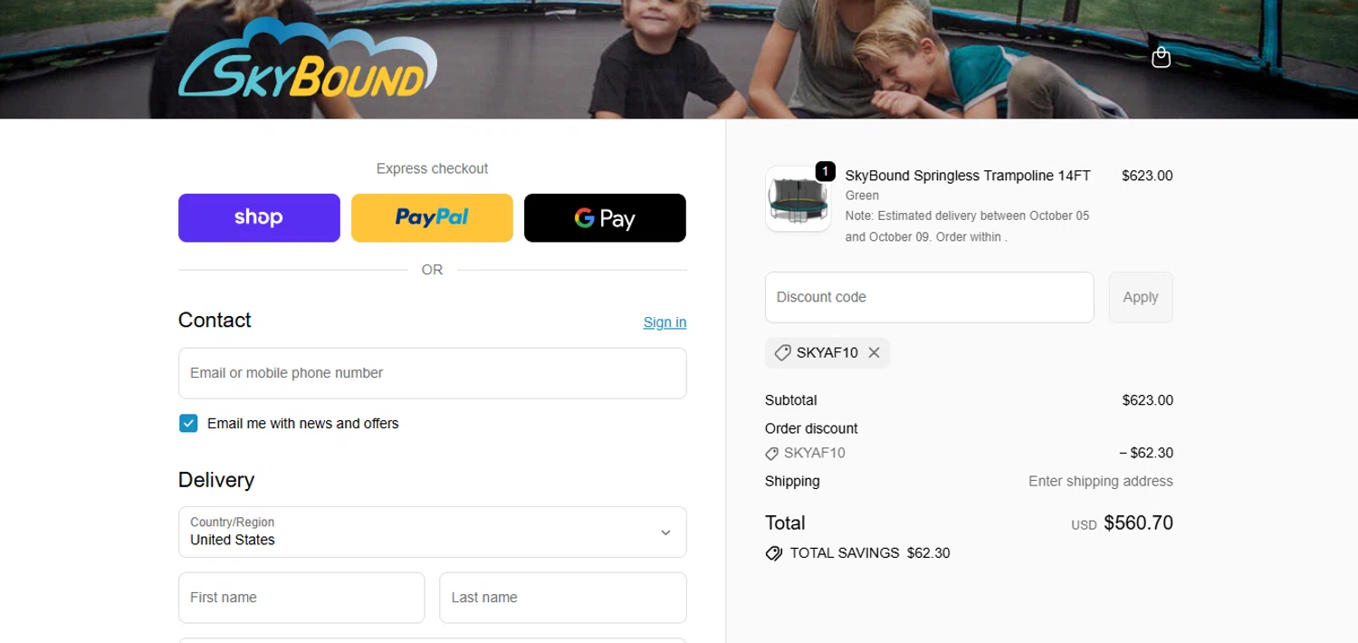 SkyBound USA discount code screenshot showing code SKYAF10 applied at SkyBound USA checkout page. Uploaded by SimplyCodes community member juanisaac on Oct 2, 2025