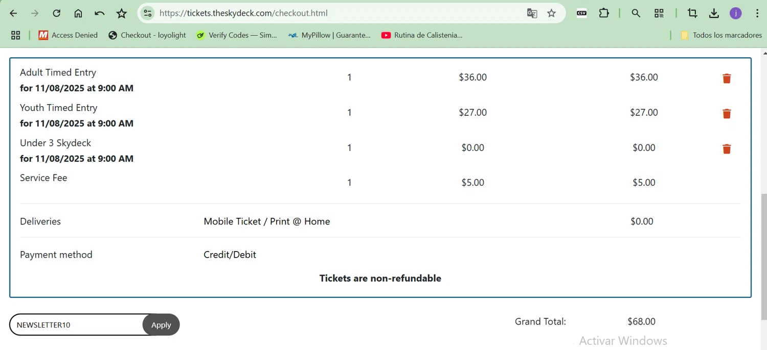 Skydeck promo code screenshot showing code NEWSLETTER10 applied at Skydeck checkout page. Uploaded by SimplyCodes community member LALOCOMOTORA10 on Nov 1, 2025