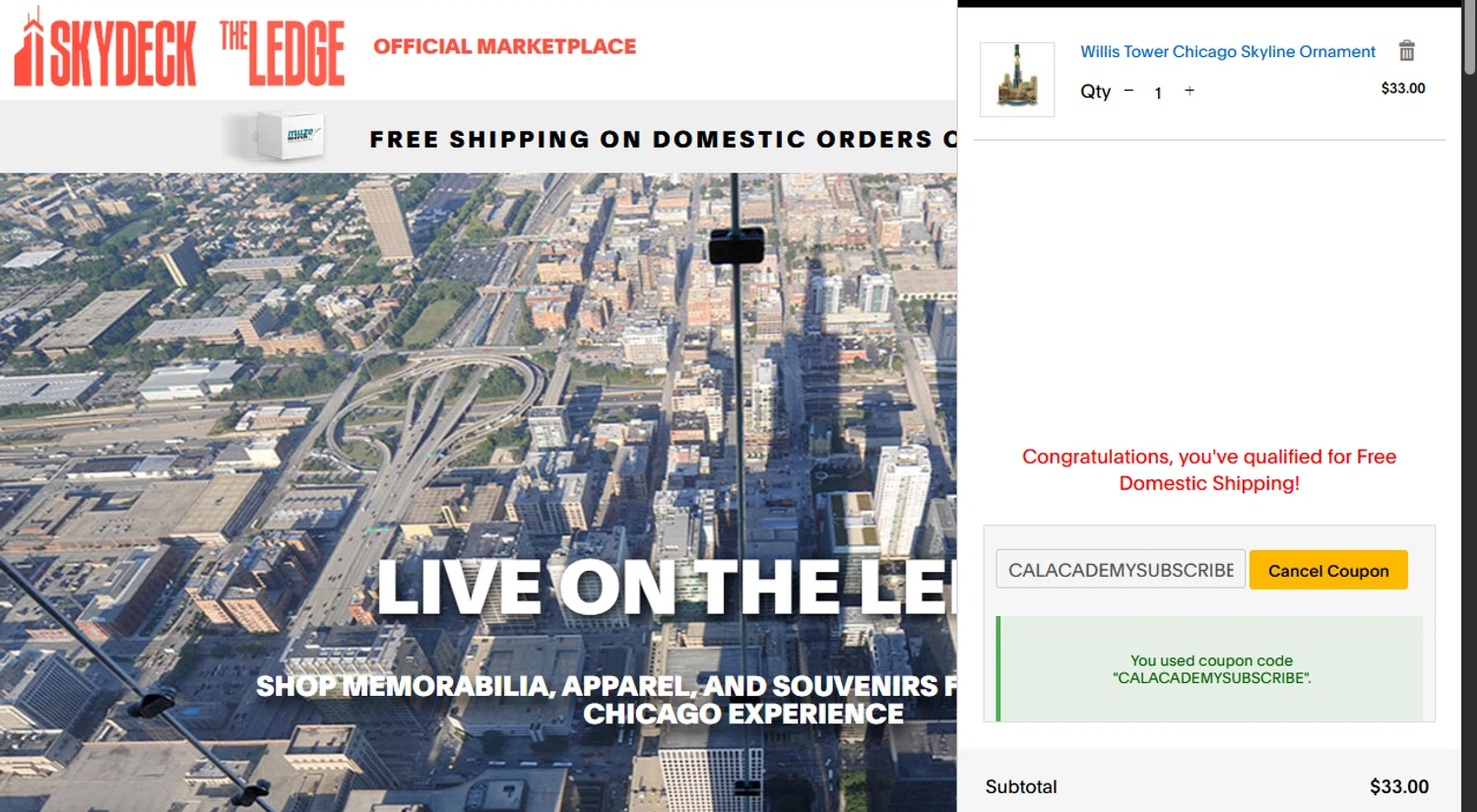 Skydeck promo code screenshot showing code CALACADEMYSUBSCRIBE applied at Skydeck checkout page. Uploaded by SimplyCodes community member Dejadepicharme on Nov 5, 2025