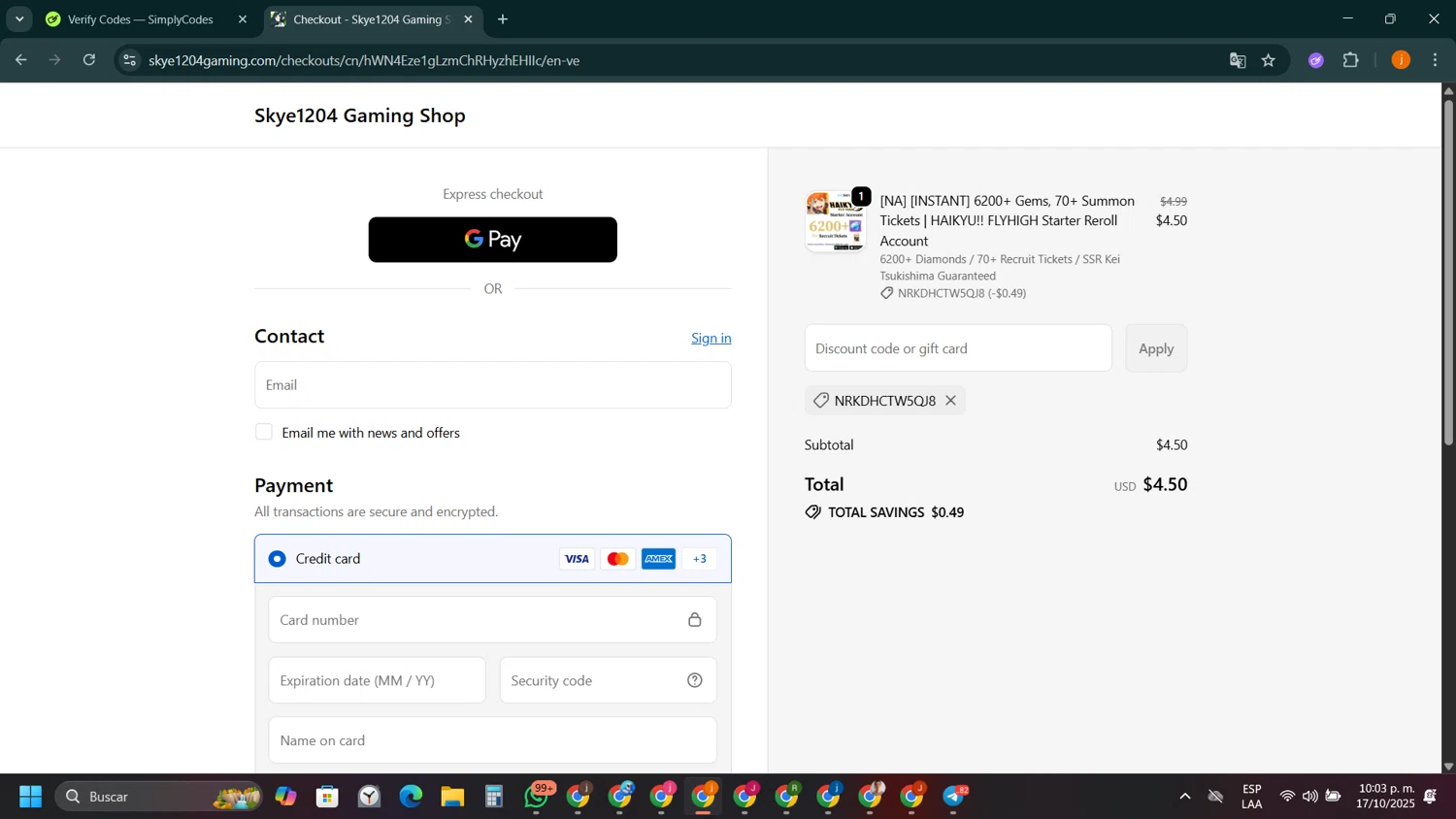 Skye1204 Gaming Shop discount code screenshot showing code NRKDHCTW5QJ8 applied at Skye1204 Gaming Shop checkout page. Uploaded by SimplyCodes community member SilverSentinel5952 on Oct 18, 2025