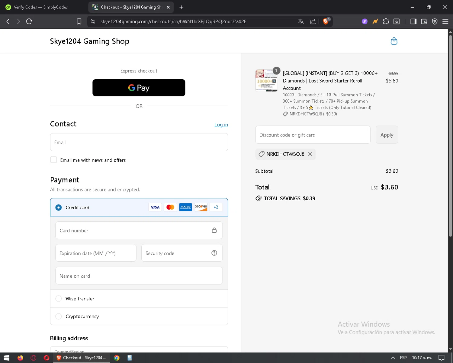 Skye1204 Gaming Shop discount code screenshot showing code NRKDHCTW5QJ8 applied at Skye1204 Gaming Shop checkout page. Uploaded by SimplyCodes community member mixelis on Aug 13, 2025