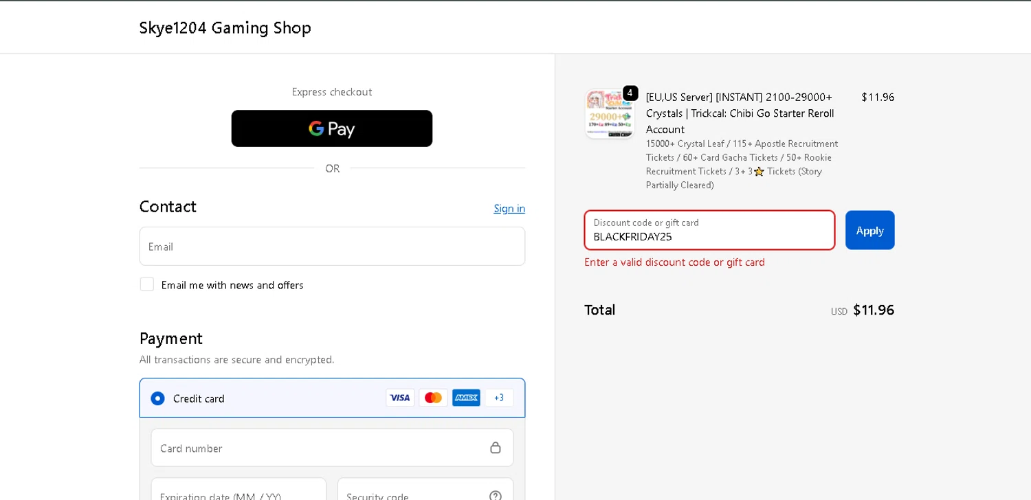 Skye1204 Gaming Shop discount code screenshot showing code BLACKFRIDAY25 applied at Skye1204 Gaming Shop checkout page. Uploaded by SimplyCodes community member GoldAce6962 on Nov 30, 2025