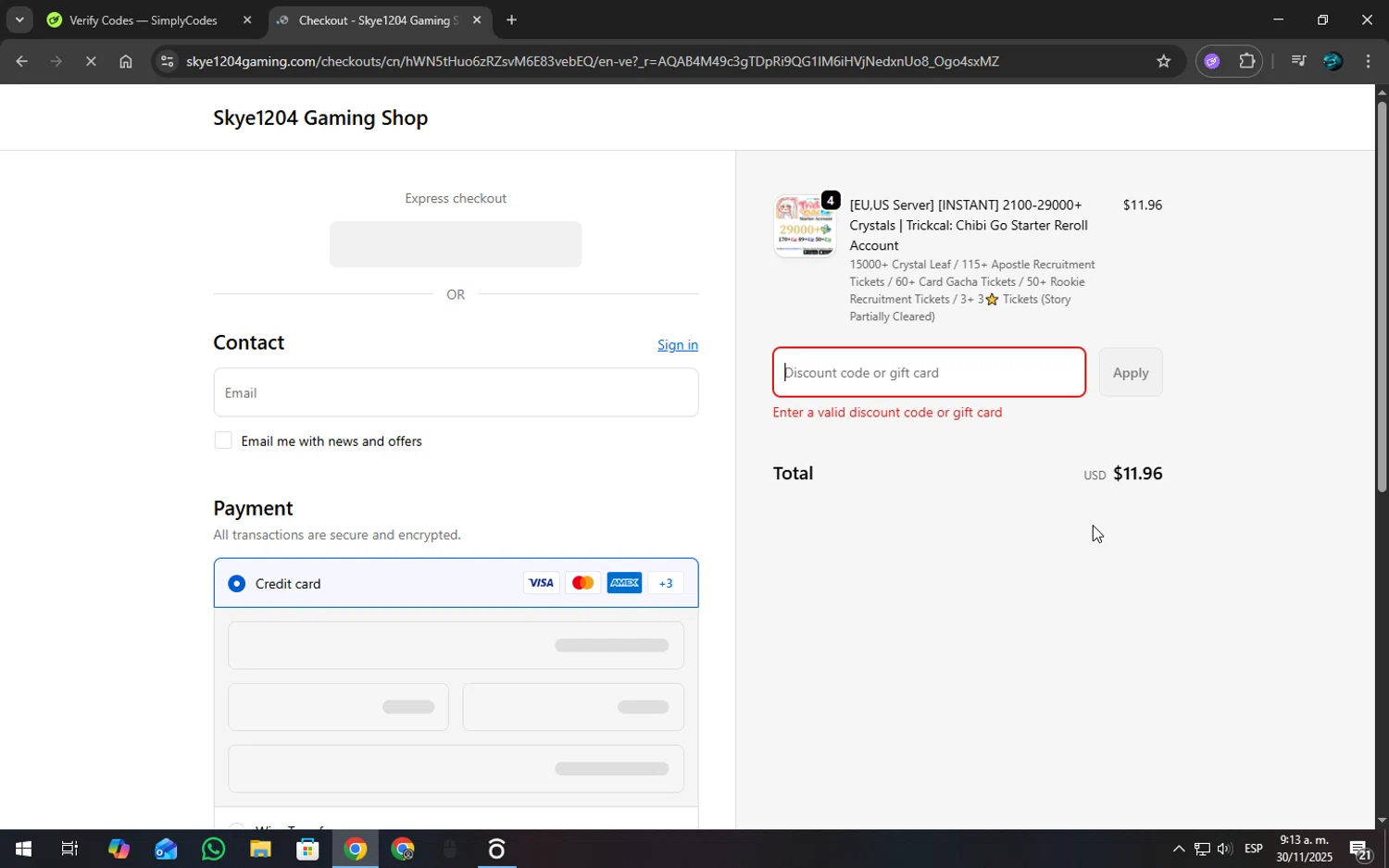 Skye1204 Gaming Shop discount code screenshot showing code BLACKFRIDAY25 applied at Skye1204 Gaming Shop checkout page. Uploaded by SimplyCodes community member SOPACONPAN on Nov 30, 2025