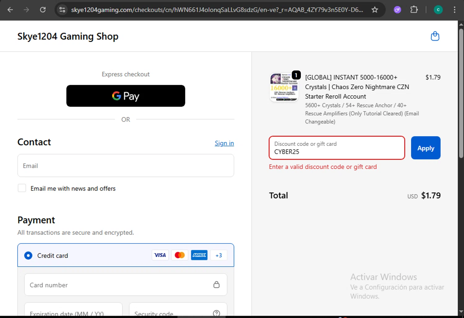 Skye1204 Gaming Shop discount code screenshot showing code CYBER25 applied at Skye1204 Gaming Shop checkout page. Uploaded by SimplyCodes community member WiseMonarch3906 on Dec 5, 2025