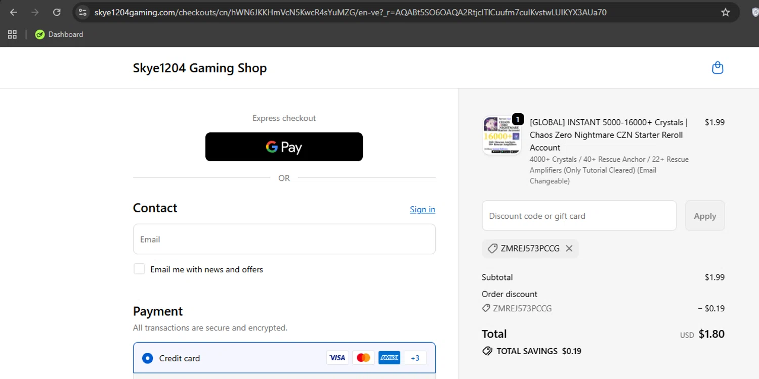 Skye1204 Gaming Shop discount code screenshot showing code zmrej573pccg applied at Skye1204 Gaming Shop checkout page. Uploaded by SimplyCodes community member Limon02 on Dec 11, 2025