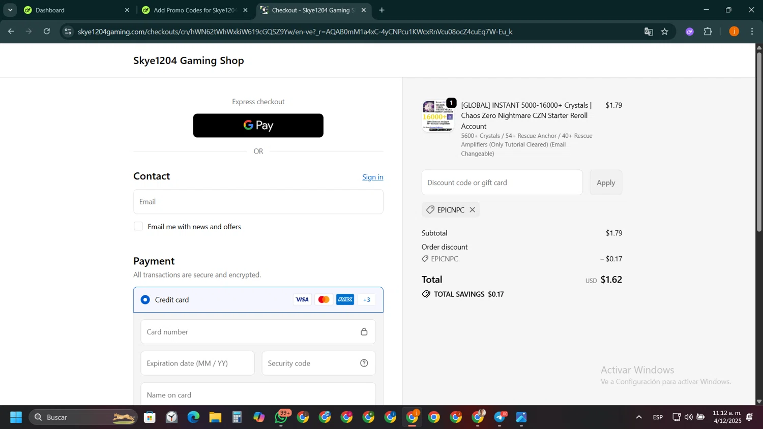 Skye1204 Gaming Shop discount code screenshot showing code EPICNPC applied at Skye1204 Gaming Shop checkout page. Uploaded by SimplyCodes community member SilverSentinel5952 on Dec 4, 2025