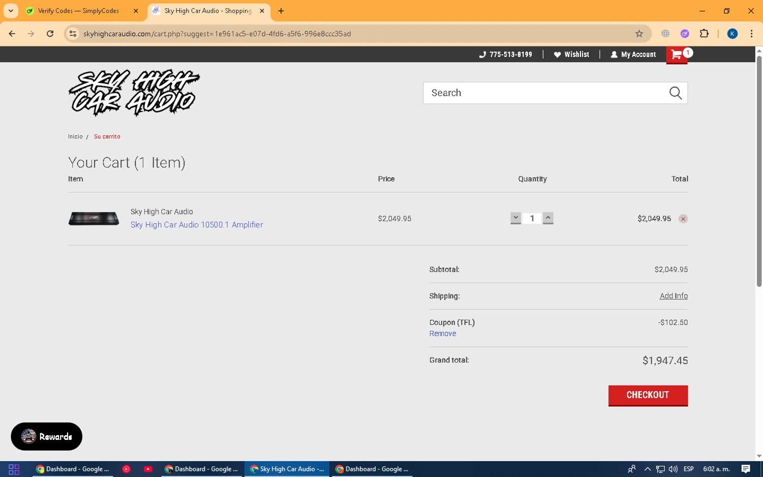 Sky High Car Audio promo code screenshot showing code TFL applied at Sky High Car Audio checkout page. Uploaded by SimplyCodes community member Kira_1 on Feb 21, 2026