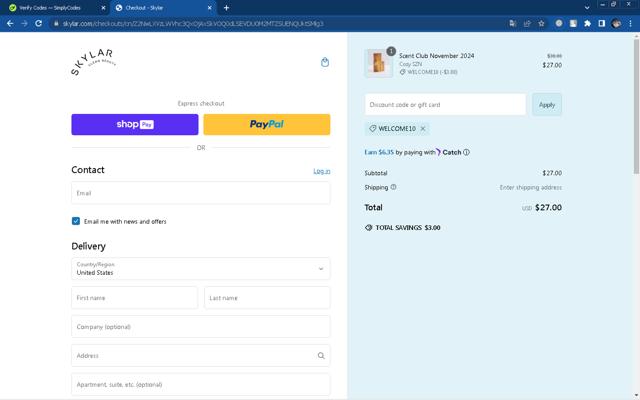 Skylar checkout page showing Skylar coupon code box | Screenshot taken by SimplyCodes community member on Dec 9, 2024