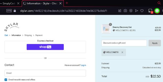 Skylar checkout page showing Skylar coupon code box | Screenshot taken by SimplyCodes community member on Feb 15, 2024