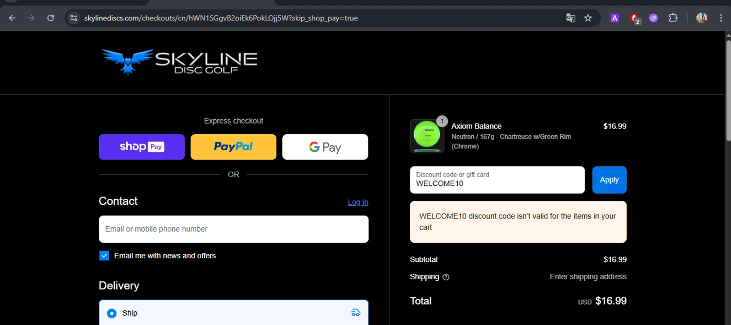 Skyline Disc Golf promo code screenshot showing code WELCOME10 applied at Skyline Disc Golf checkout page. Uploaded by SimplyCodes community member BrilliantFox7966 on Aug 5, 2025