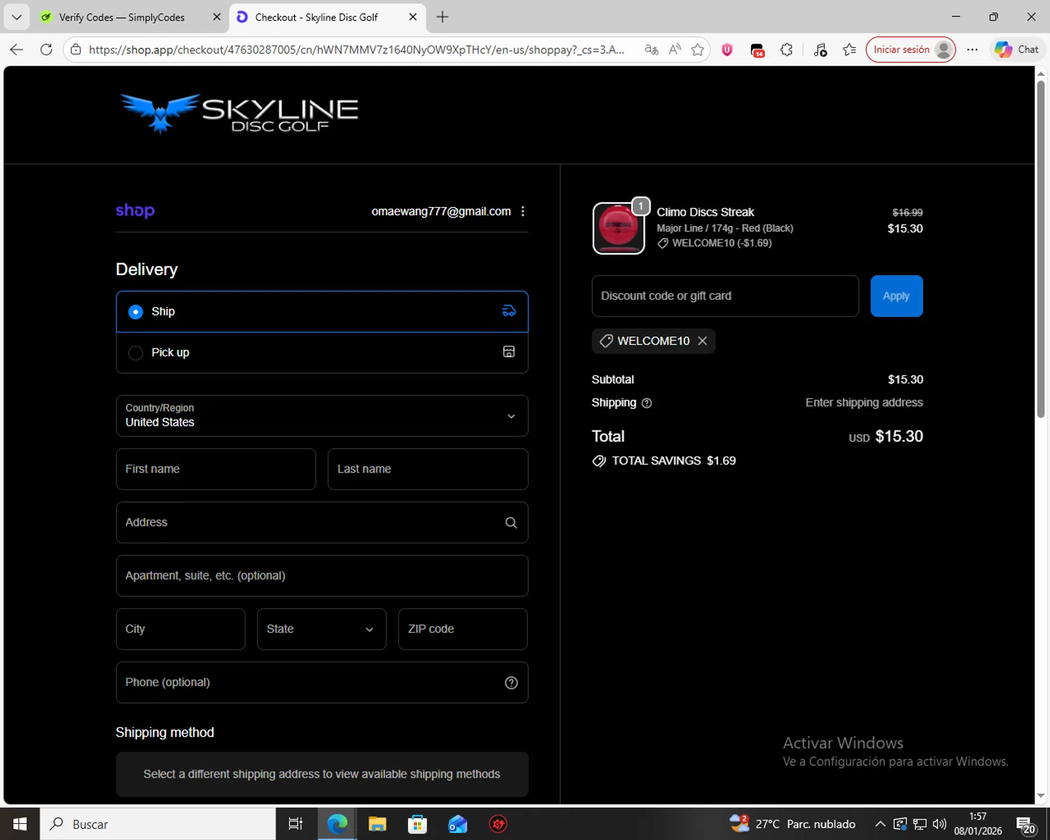 Skyline Disc Golf checkout page showing Skyline Disc Golf promo code box | Screenshot taken by SimplyCodes community member on Jan 8, 2026