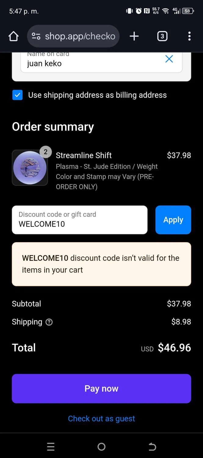 Skyline Disc Golf promo code screenshot showing code WELCOME10 applied at Skyline Disc Golf checkout page. Uploaded by SimplyCodes community member NARUTO_UZUMAKIsx on Jul 27, 2025