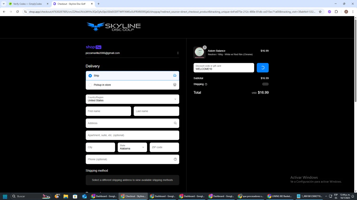 Skyline Disc Golf promo code screenshot showing code WELCOME10 applied at Skyline Disc Golf checkout page. Uploaded by SimplyCodes community member SwiftSage2309 on Jul 10, 2025