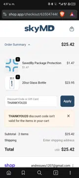 THANKYOU20 coupon verification screenshot