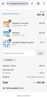 KENZIE coupon verification screenshot