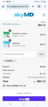 KENZIE coupon verification screenshot