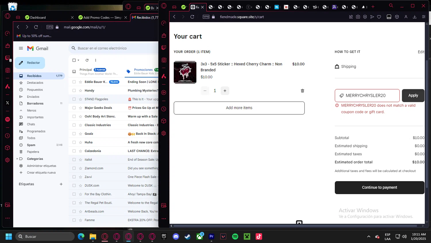 Skyn Studio promo code screenshot showing code MERRYCHRYSLER20 applied at Skyn Studio checkout page. Uploaded by SimplyCodes community member Billyyou on Jan 20, 2025