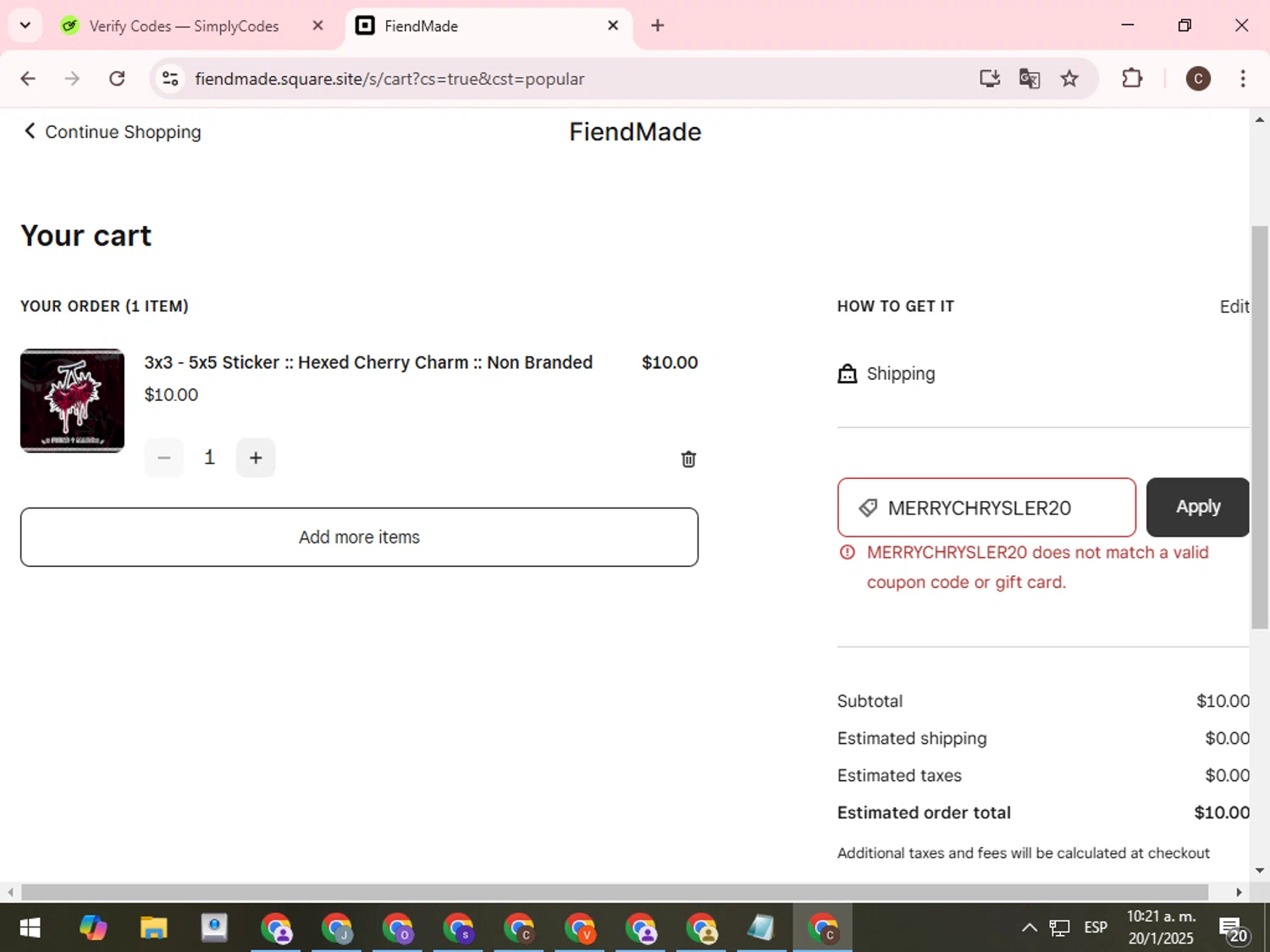 Skyn Studio promo code screenshot showing code MERRYCHRYSLER20 applied at Skyn Studio checkout page. Uploaded by SimplyCodes community member WonderCurator7831 on Jan 20, 2025