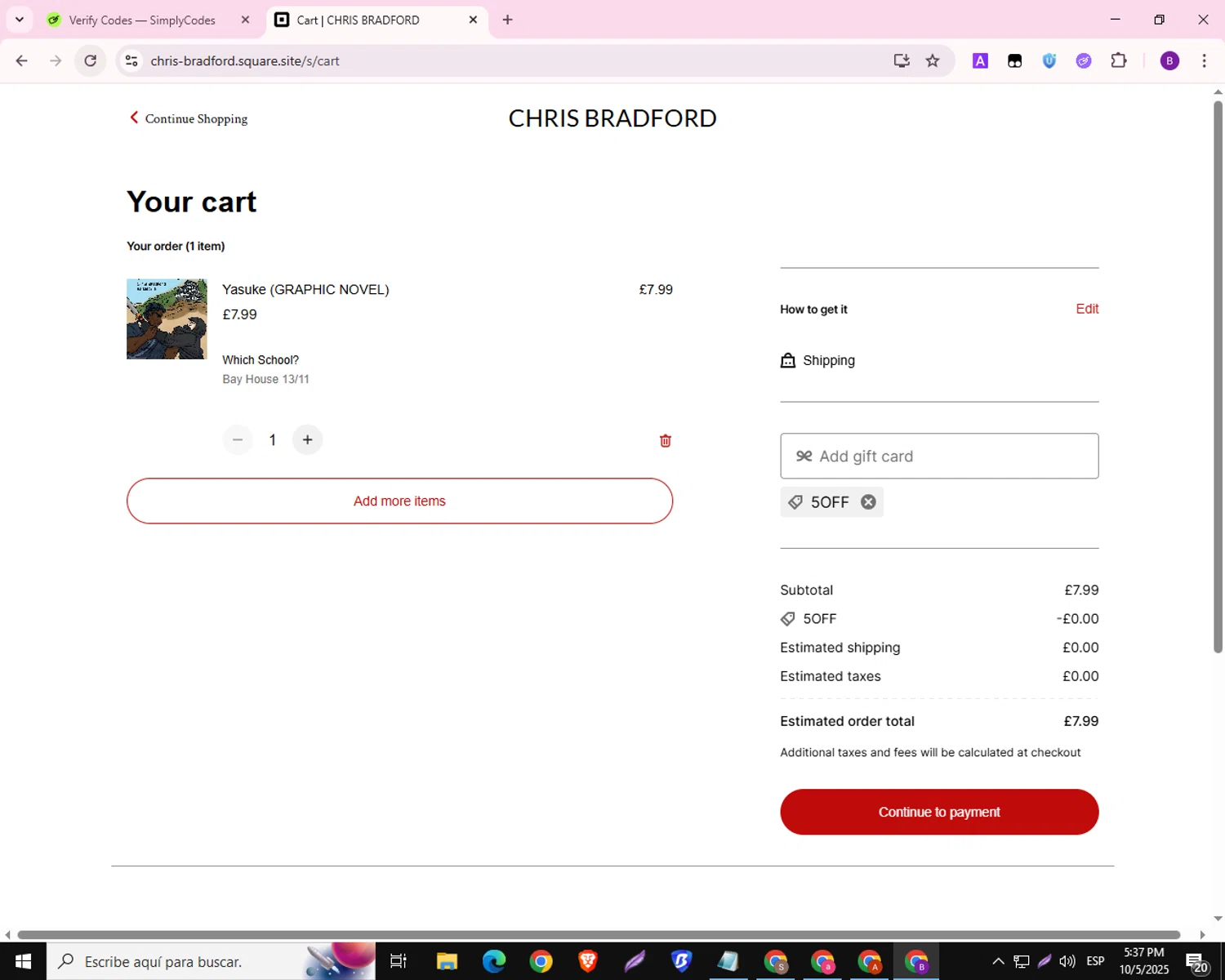 Skyn Studio promo code screenshot showing code 5OFF applied at Skyn Studio checkout page. Uploaded by SimplyCodes community member RebateAdmiral6687 on Oct 5, 2025