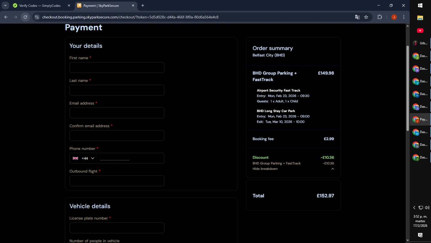 SkyParkSecure - Airport Parking checkout page showing SkyParkSecure - Airport Parking discount code box | Screenshot taken by SimplyCodes community member on Feb 17, 2026