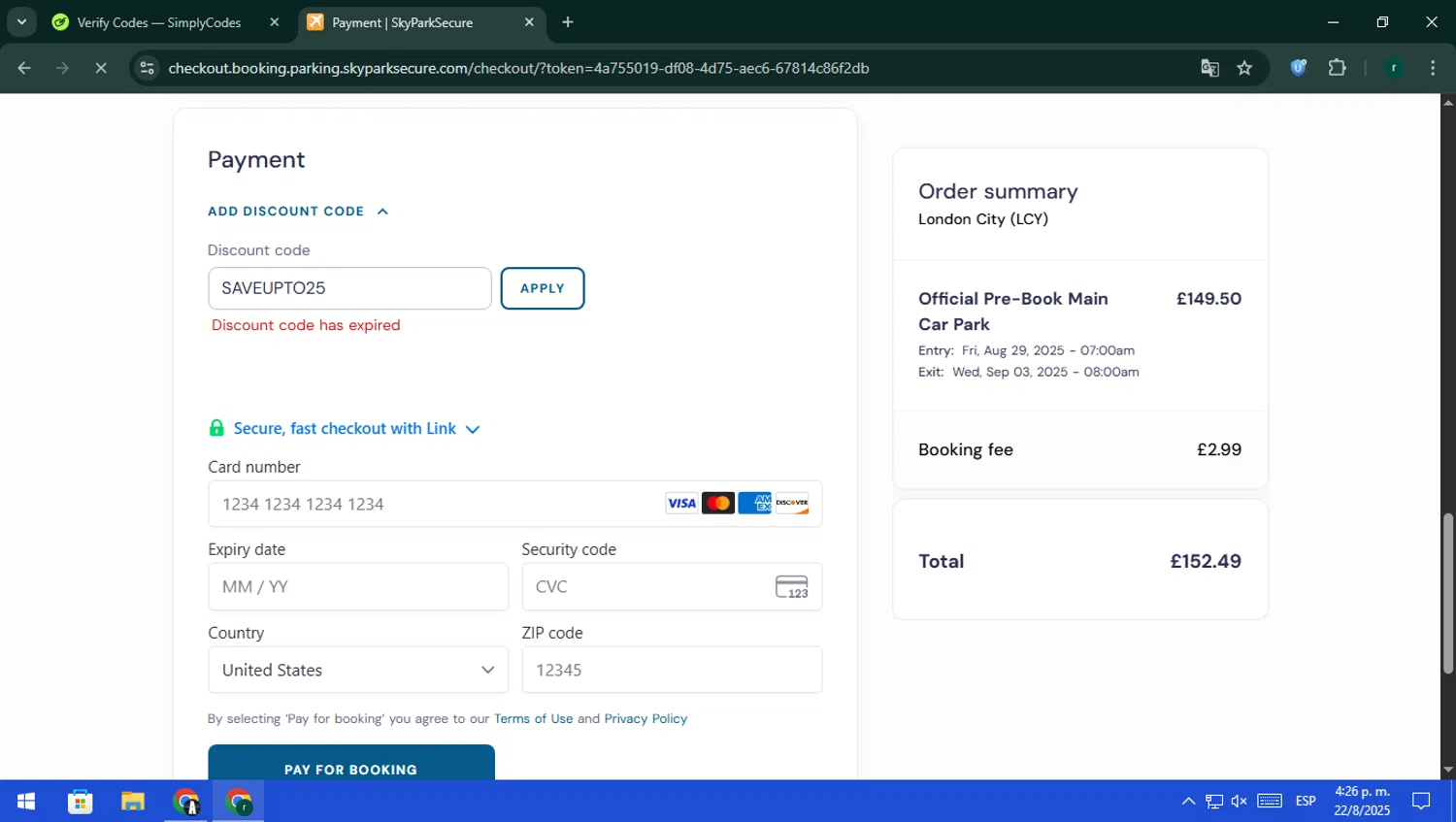 SkyParkSecure - Airport Parking discount code screenshot showing code SAVEUPTO25 applied at SkyParkSecure - Airport Parking checkout page. Uploaded by SimplyCodes community member rodri1 on Aug 22, 2025