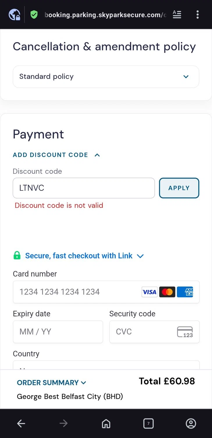 SkyParkSecure - Airport Parking discount code screenshot showing code LTNVC applied at SkyParkSecure - Airport Parking checkout page. Uploaded by SimplyCodes community member Yorgelys on Sep 2, 2025