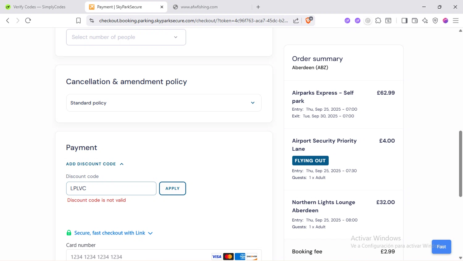 SkyParkSecure - Airport Parking discount code screenshot showing code LPLVC applied at SkyParkSecure - Airport Parking checkout page. Uploaded by SimplyCodes community member SapeGato on Sep 2, 2025