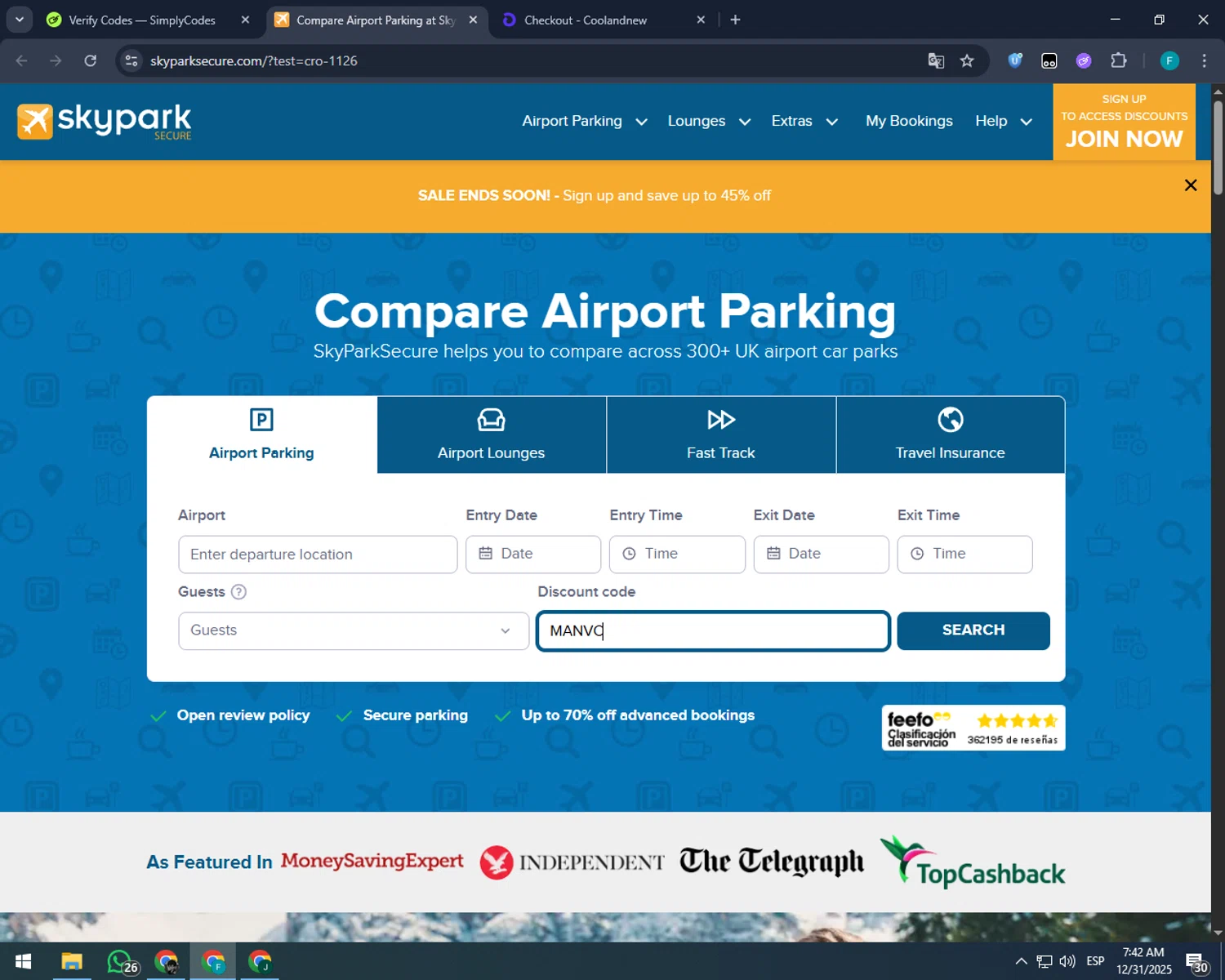 SkyParkSecure - Airport Parking checkout page showing SkyParkSecure - Airport Parking discount code box | Screenshot taken by SimplyCodes community member on Dec 31, 2025