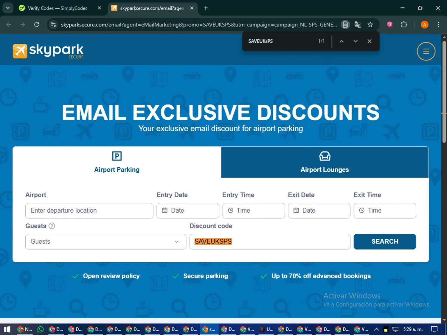 SkyParkSecure - Airport Parking discount code screenshot showing code SAVEUKsPS applied at SkyParkSecure - Airport Parking checkout page. Uploaded by SimplyCodes community member MoneyPhoenix4664 on Oct 20, 2025