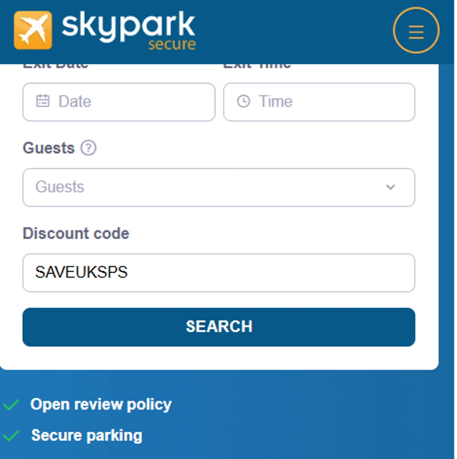 SkyParkSecure - Airport Parking discount code screenshot showing code SAVEUKsPS applied at SkyParkSecure - Airport Parking checkout page. Uploaded by SimplyCodes community member gerardlaya on Jun 2, 2025