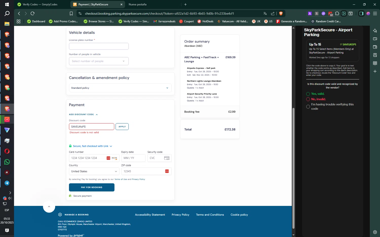 SkyParkSecure - Airport Parking discount code screenshot showing code SAVEUKsPS applied at SkyParkSecure - Airport Parking checkout page. Uploaded by SimplyCodes community member jMoya06 on Oct 20, 2025
