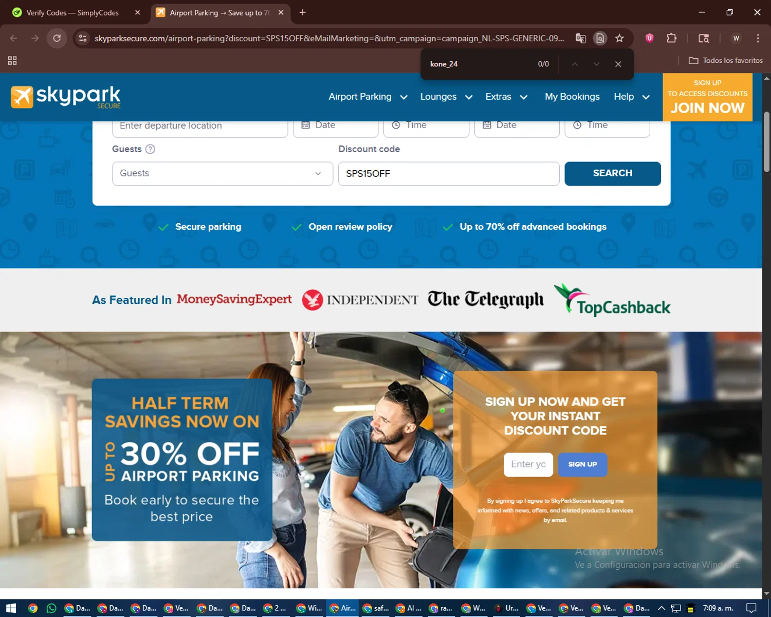 SkyParkSecure - Airport Parking checkout page showing SkyParkSecure - Airport Parking discount code box | Screenshot taken by SimplyCodes community member on Jan 29, 2026