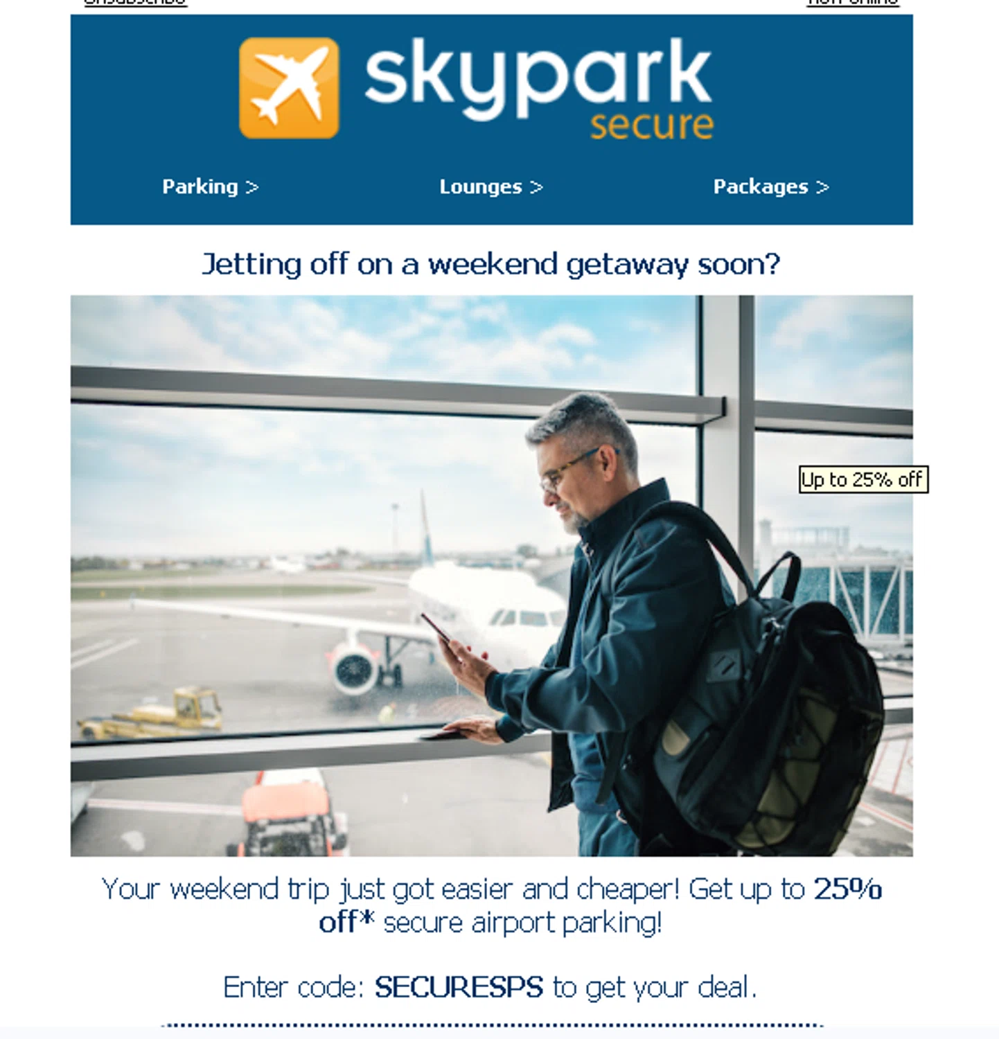 SkyParkSecure - Airport Parking discount code screenshot showing code SECURESPS applied at SkyParkSecure - Airport Parking checkout page. Uploaded by SimplyCodes community member ParisSmith on Oct 1, 2025