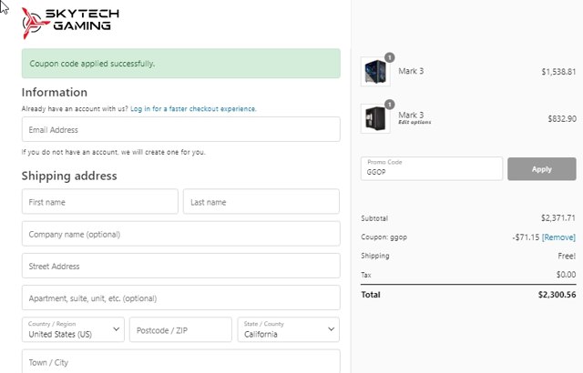 Skytech Gaming checkout page showing Skytech Gaming promo code box | Screenshot taken by SimplyCodes community member on Dec 24, 2022